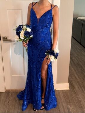 Royal Blue Sequin Spaghetti-Strap Evening Gown